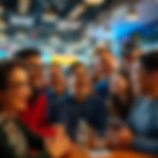 A group of diverse people laughing and sharing jokes in a lively setting