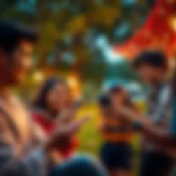 A group of friends laughing while looking at memes on their phones in a park.
