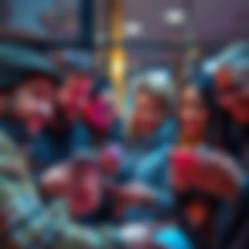 A diverse group of people laughing while looking at memes on their phones, showcasing the influence of memes on culture in 2025.