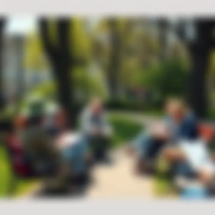 A group of people sitting on benches, drawing in their sketchbooks amidst trees and greenery, showcasing creativity and artistic expression.
