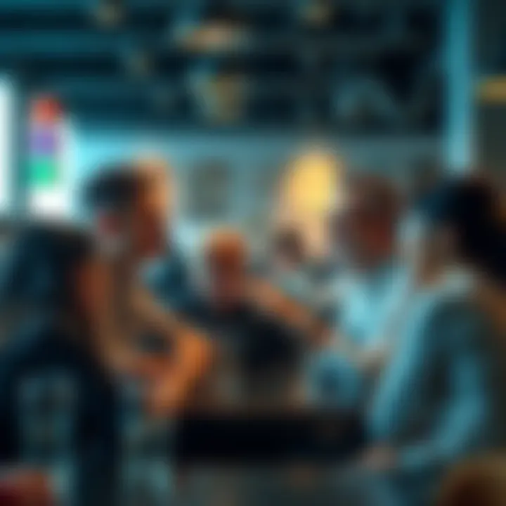 People engaging in conversation Group of people having a discussion in a cafe, showing diverse reactions and expressions.