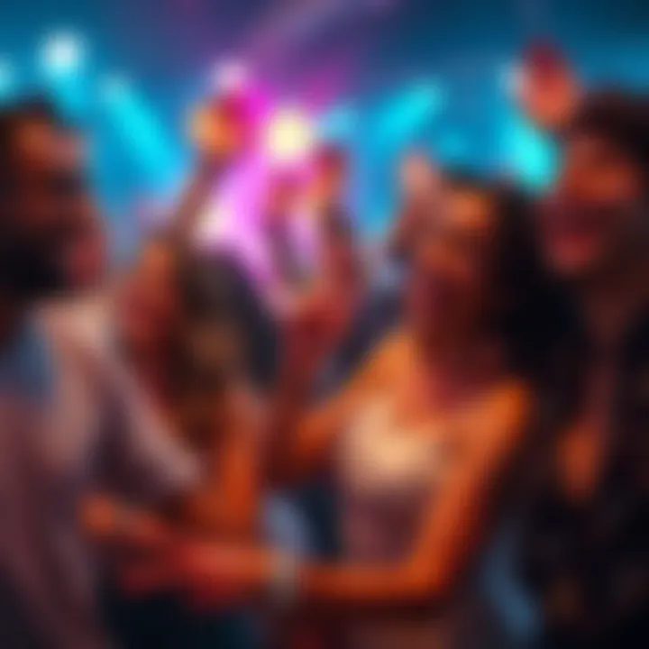 A group of people enjoying music and dancing with lively expressions, showcasing the connection between pounding rhythms and social interaction.