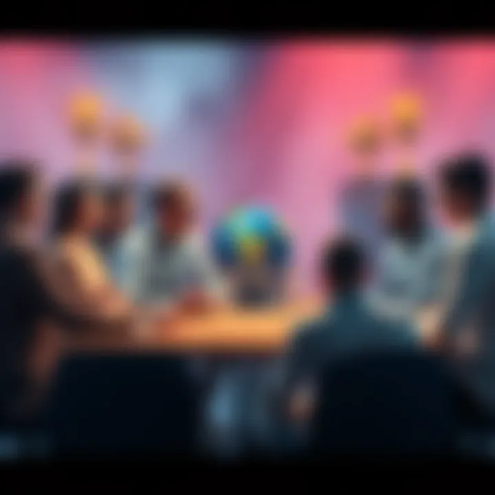 A group of people engaged in conversation about future accomplishments around a table, with a globe and trophies in the background.