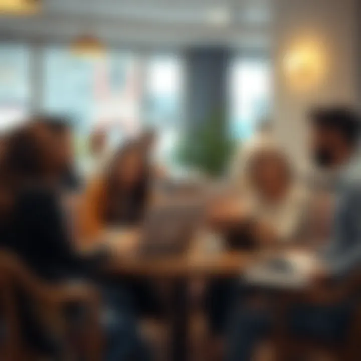 A group of people engaged in conversation about the cultural meaning of the word 'Boof', sitting in a coffee shop with laptops and notebooks.