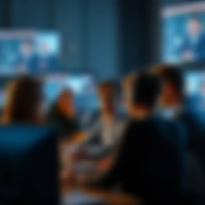 A group of people expressing their opinions in front of computer screens