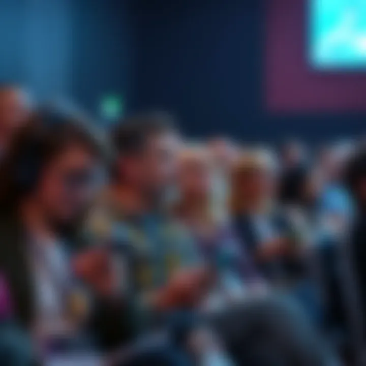 A group of people appearing bored and distracted during a conference, some checking their phones and others not paying attention.