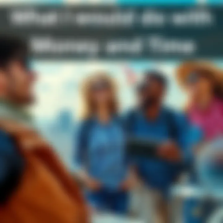 A group of friends traveling together, smiling and exploring new places, representing freedom and fulfillment with money and time