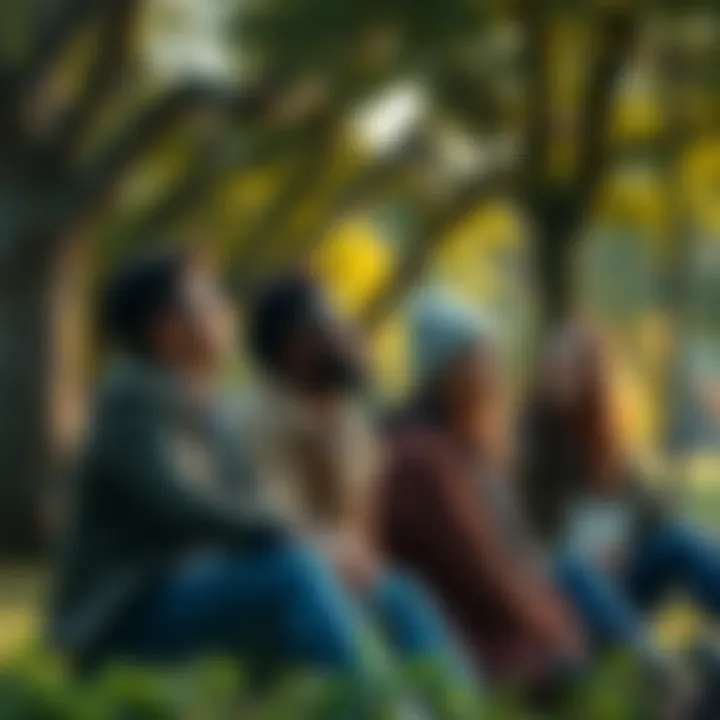 A group of friends sitting in a park, smiling and relaxing together, embodying acceptance and contentment in their daily lives.