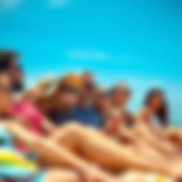 Group of friends lounging at the beach, soaking up the sun and smiling, with clear blue skies above.