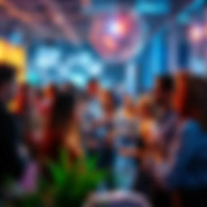A diverse group of people engaging in discussions about new trends and events in a lively setting.
