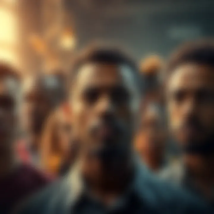 A diverse group of people looking stressed and contemplative, symbolizing societal pressures and challenges.