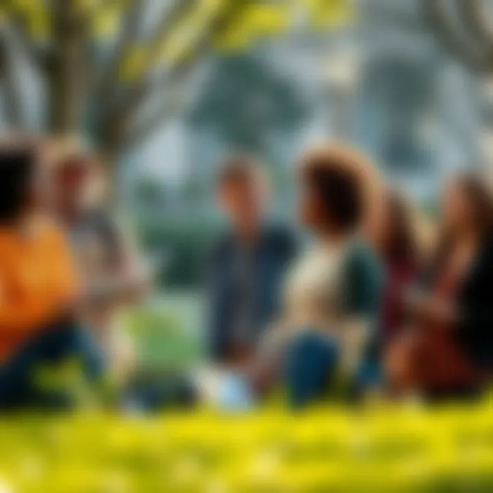 A diverse group of people discussing their goals and values in a park setting, sharing ideas and smiling.