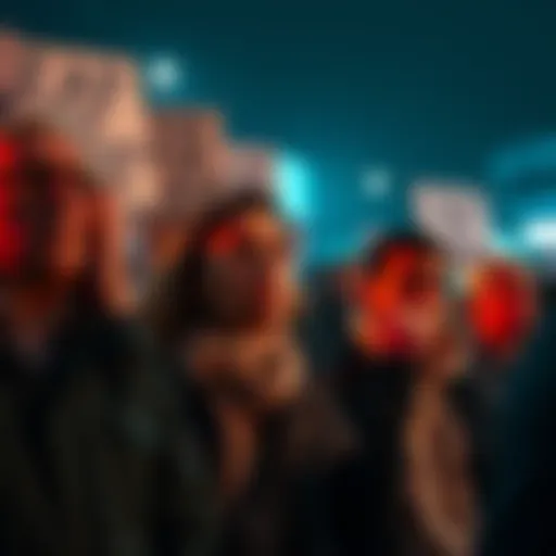 People expressing frustration A crowd of people showing frustration and concern over current events, holding signs and discussing issues, with tense expressions.