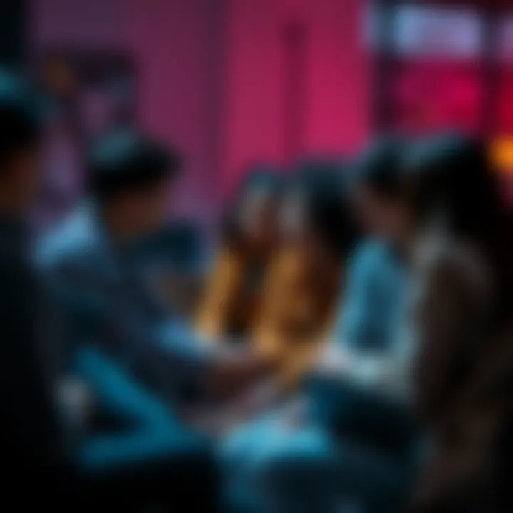 A group of individuals sitting together, sharing their experiences of facing online bullying and discussing the importance of kindness in digital interactions.
