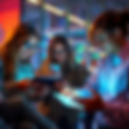 Group of people using smartphones and tablets, discussing and sharing ideas in a modern setting