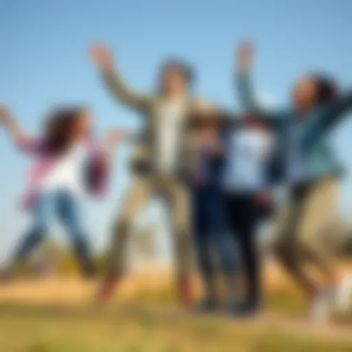 A group of friends laughing and jumping in excitement, embodying playful energy and humor