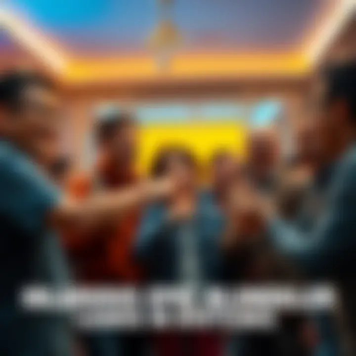 A group of people laughing and pointing at a funny mistake, creating a lively atmosphere