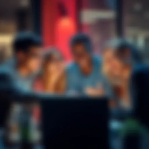 A group of friends gathered around a laptop, sharing jokes and laughing together