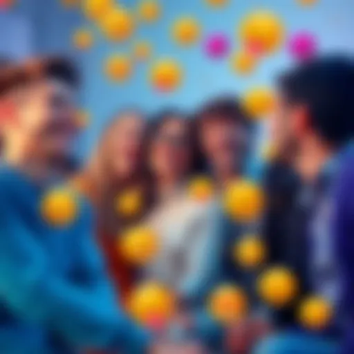 A group of friends sharing laughter and fun, surrounded by colorful emojis like smiley faces and laughter symbols.
