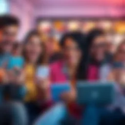 Group of people sharing funny moments through their devices, smiling and laughing, showcasing the joy of online comedy