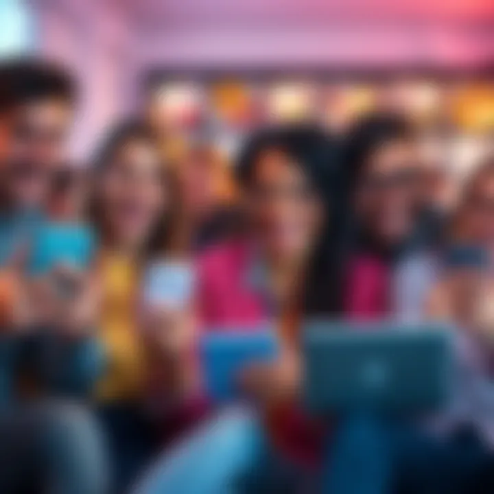 Group of people sharing funny moments through their devices, smiling and laughing, showcasing the joy of online comedy