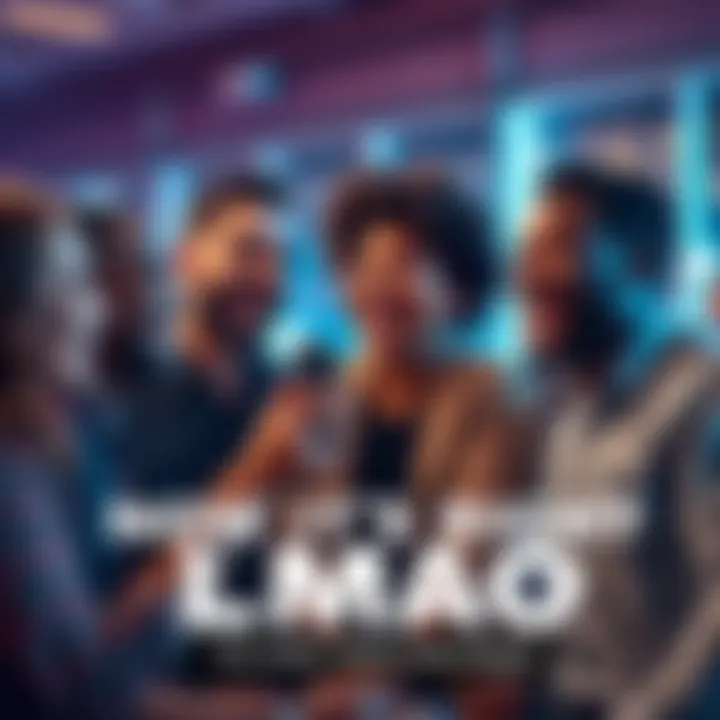A group of diverse people sharing a laugh while discussing an online trend, showcasing a joyful moment.