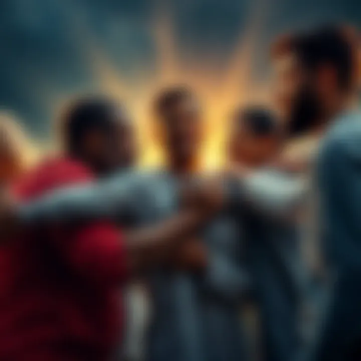 A group of diverse people supporting each other through tough times, showcasing resilience and strength