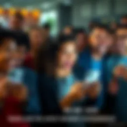 A group of diverse people laughing and sharing reactions on their phones about the latest social media trend, showcasing excitement and humor