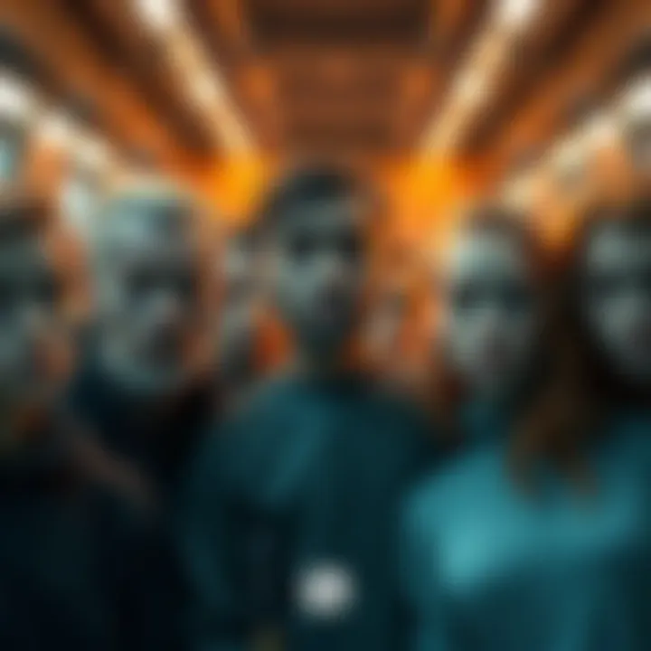 A group of individuals with features similar to the character Serpos, standing together with curious expressions.