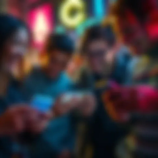 A group of friends laughing while sharing funny memes on their phones