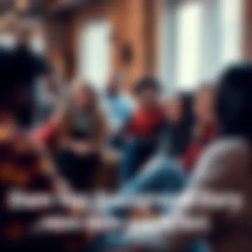 People sharing stories A group of diverse people sitting in a circle, sharing their background stories and experiences, smiling and listening to each other.