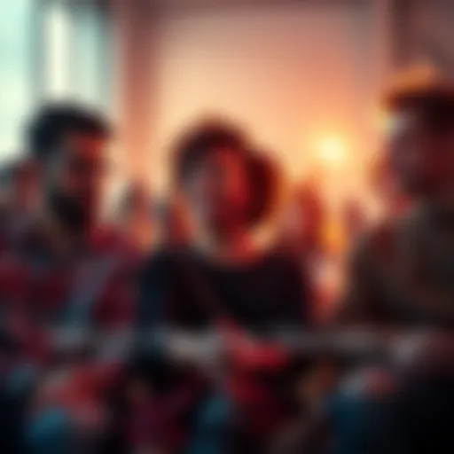 A group of diverse people sitting together, sharing their touching stories, some with tears in their eyes, highlighting emotional connections.