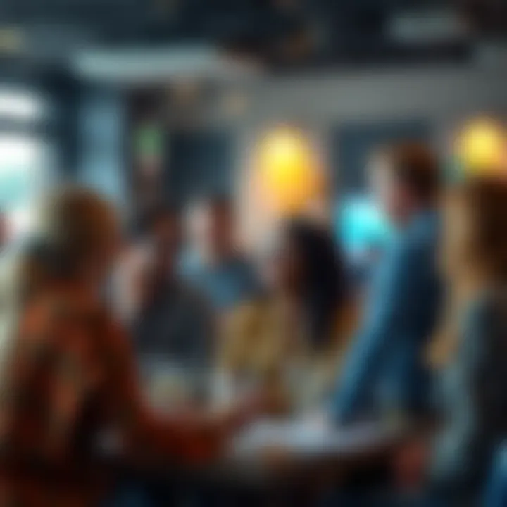 A group of diverse individuals engaging in conversation at a club meeting, smiling and sharing ideas.