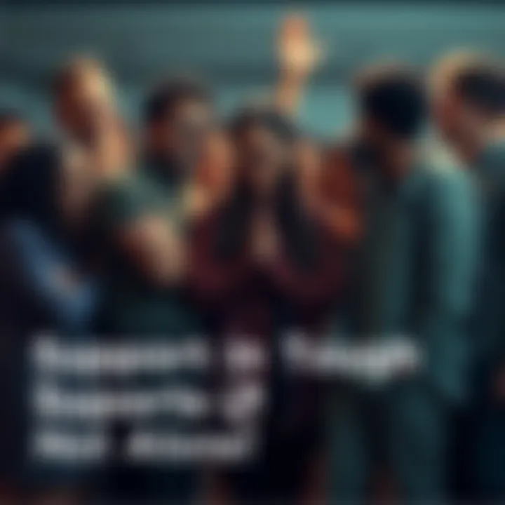 A group of diverse people standing together, offering support and encouragement during tough times, showing unity and solidarity.