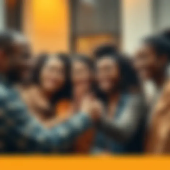 A group of diverse individuals smiling and helping each other, showcasing kindness and understanding in their interactions.