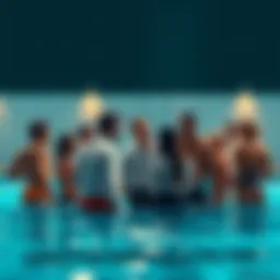 People Talking at the Pool A group of people gathered around a pool, discussing an unexpected event, with expressions of curiosity and intrigue on their faces.