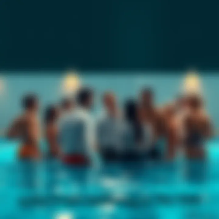 People Talking at the Pool A group of people gathered around a pool, discussing an unexpected event, with expressions of curiosity and intrigue on their faces.