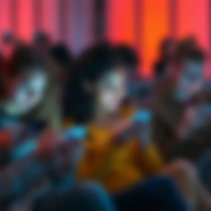 A group of people sitting together, each engaged in texting on their smartphones, showing various emotional expressions.