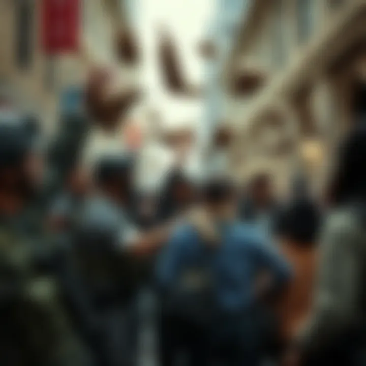 A group of people throwing bags towards soldiers in a public space, showcasing a curious interaction between civilians and the military.