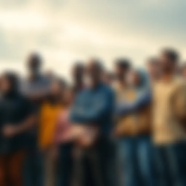 A diverse group of people standing together, showing trust and unity, with expressions of confidence and hope.