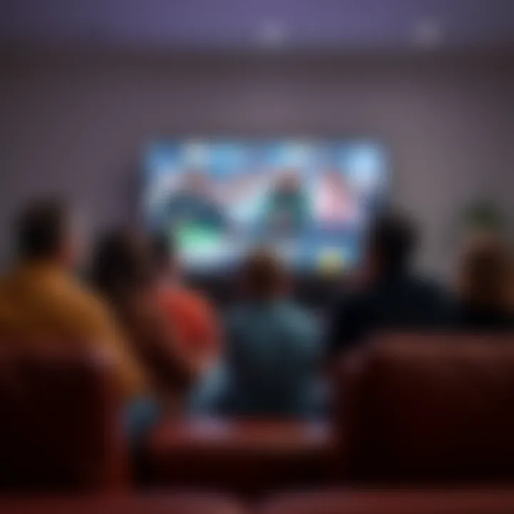 A group of people sitting in a living room, watching TV with advertisements on screen, showing varied expressions of interest and engagement.