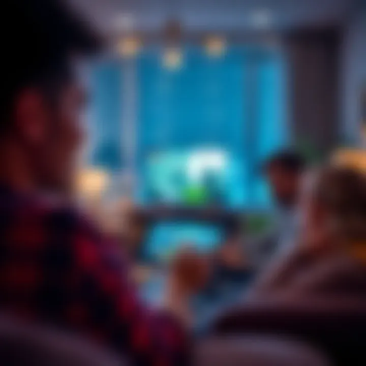 People watching a series on a tablet Group of friends enjoying a new series on a tablet in a cozy living room