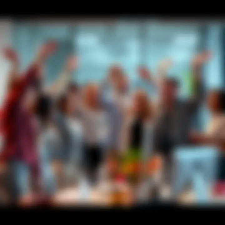A diverse group of people collaborating and celebrating achievements in a bright office environment, symbolizing hard work and dedication towards personal and professional goals.