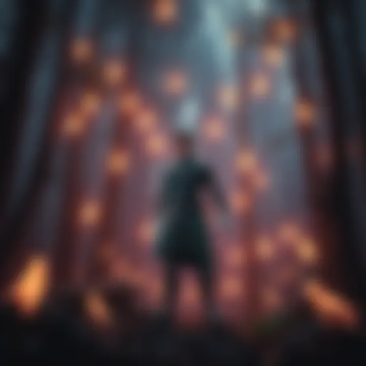 A depiction of Percival standing in a mystical forest, surrounded by glowing life spirits, symbolizing their connection and influence.