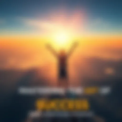 A confident person stands atop a mountain, arms raised in celebration, symbolizing achievement and success. They gaze at a bright horizon, representing future goals.