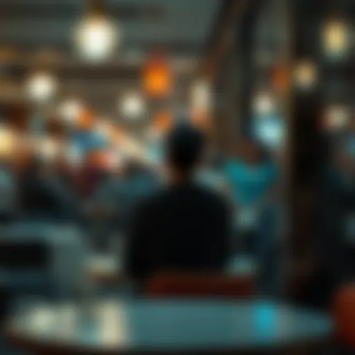 A person looks out the window while sitting alone at a table in a busy cafe, reflecting feelings of solitude amidst the crowd.