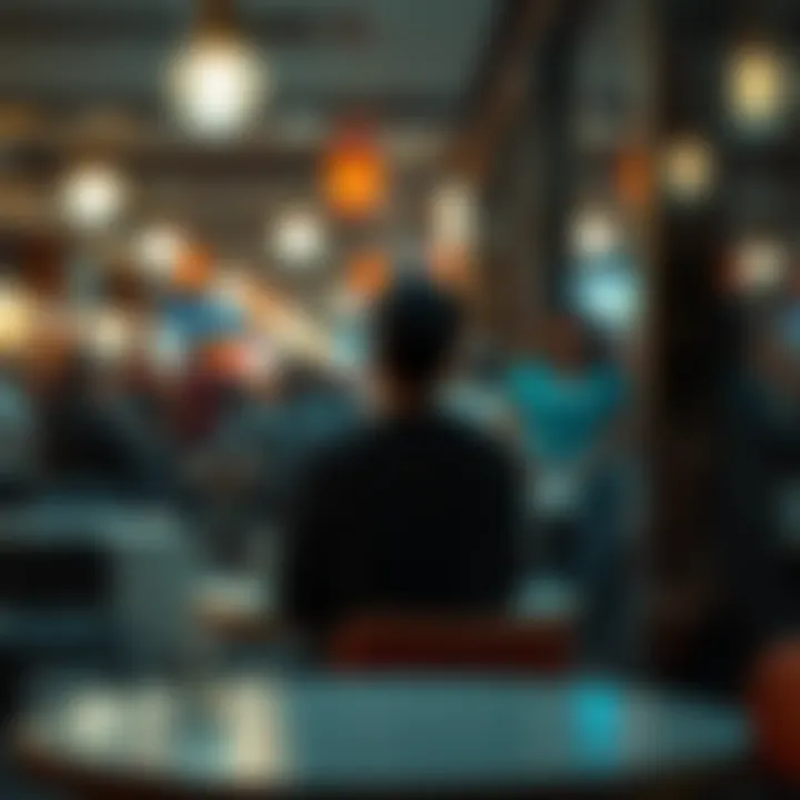 Person sitting alone in a crowded cafe A person looks out the window while sitting alone at a table in a busy cafe, reflecting feelings of solitude amidst the crowd.
