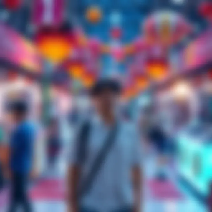 Individual standing alone at an anime convention looking excited yet anxious, surrounded by colorful decorations and other attendees dressed in costumes