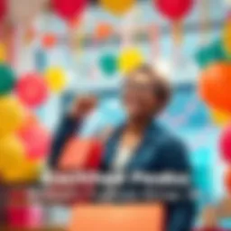 A happy person holding a shopping bag with a big smile, surrounded by colorful decorations and balloons, expressing joy after their recent purchase.