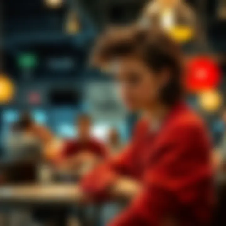 A young person sitting alone at a coffee shop, looking down with a thoughtful expression, surrounded by other people socializing.